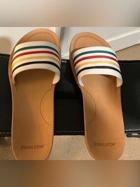 Pendleton Tan Slides with Multicolor Stripe Strap